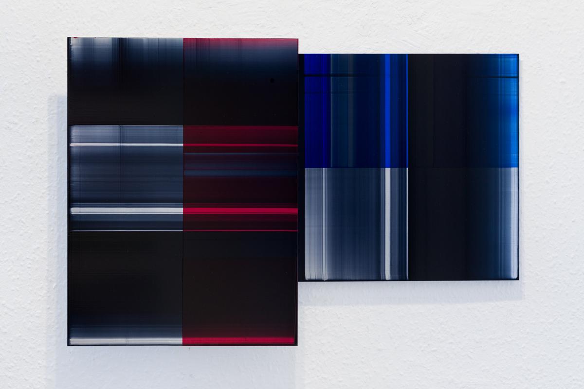 Eric Butcher, P/R. 671  Oil and resin on aluminium  40 x 30 & 30 x 40 cm  2015